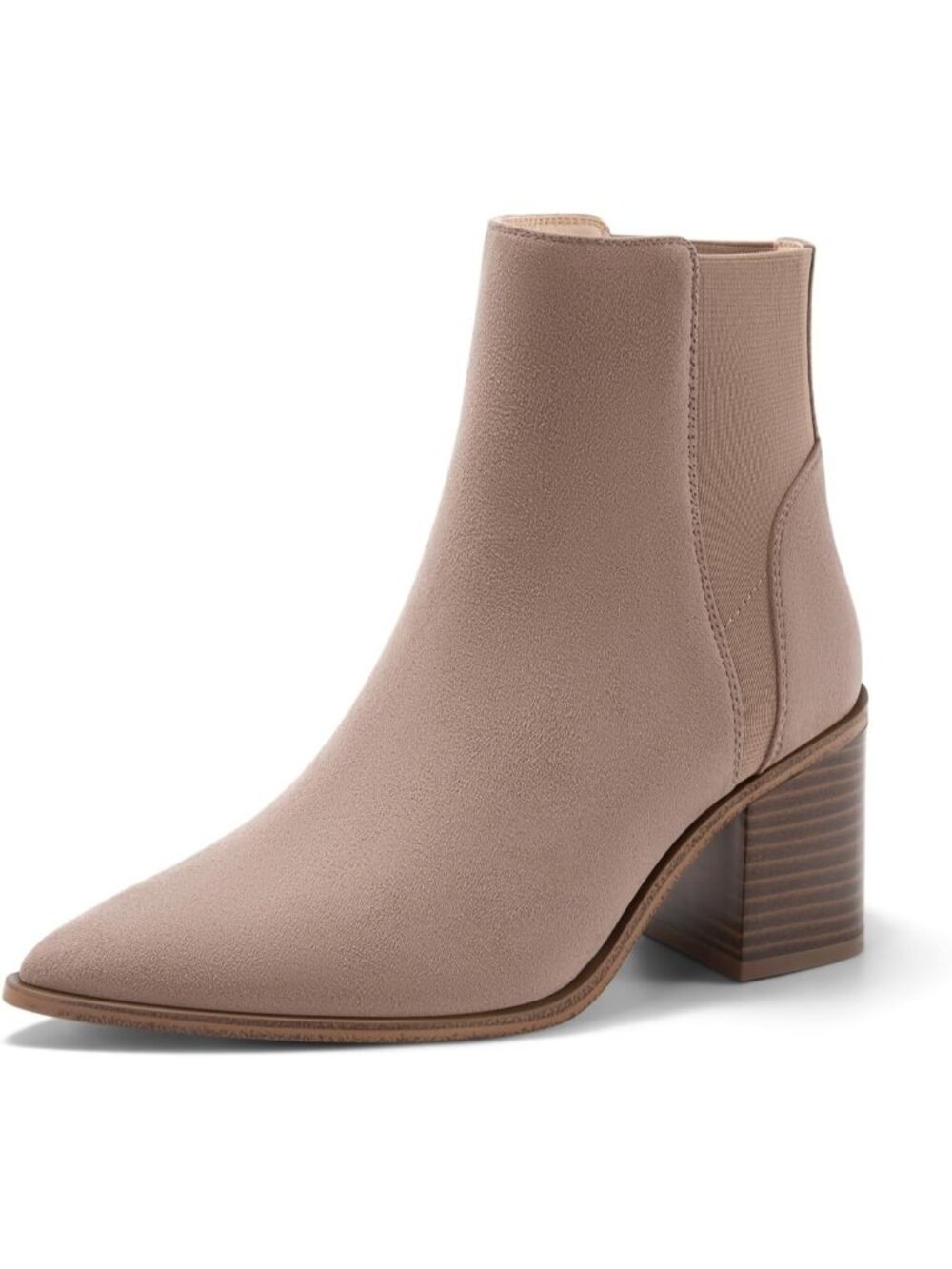 Women's Suede Taupe Elastic Chunky Block Mid Heel Slip On Chelsea Ankle Boots